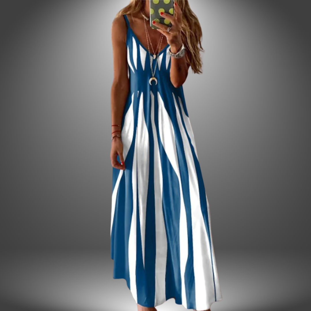 Spaghetti Strap V-Neck Striped Sleeveless A-Line Maxi Dress