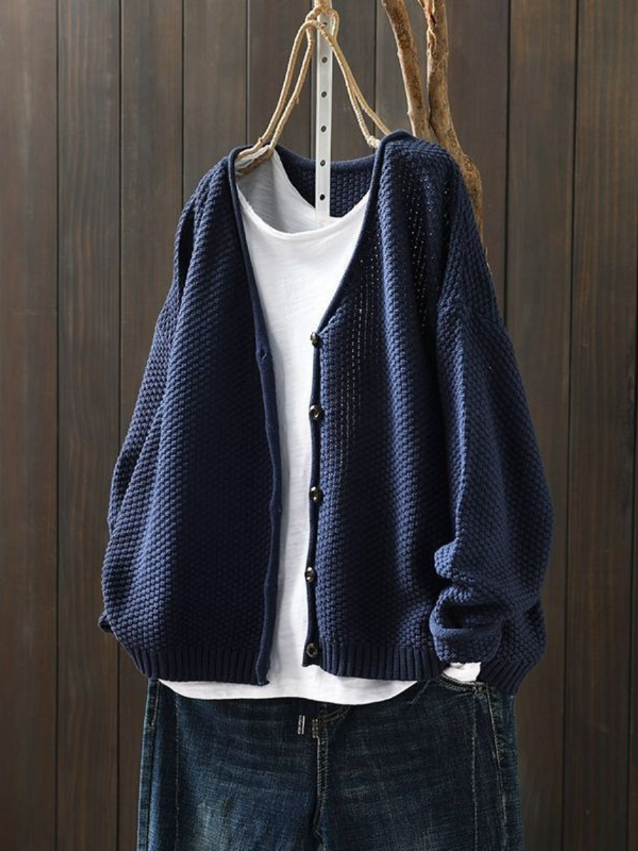 V-Neck Button Front Chunky Knit Long Sleeve Cardigan
