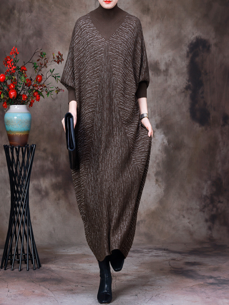 Mock Neck Batwing Sleeve Knitted Loose Cocoon Maxi Dress
