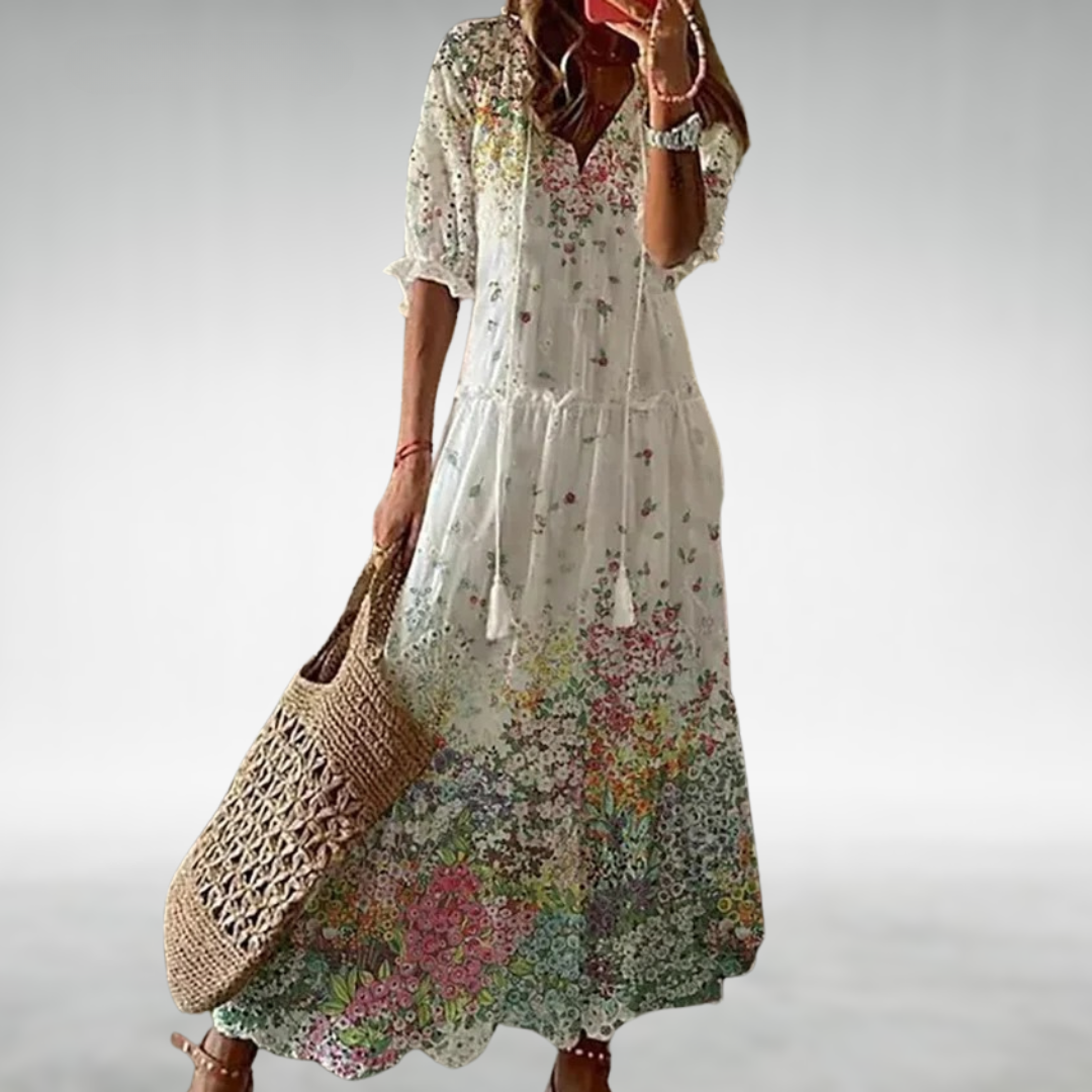 V-Neck Tie Floral Half Sleeve Flowy A-Line Maxi Dress