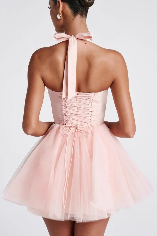 Boned Halter Lace Tie Waist Tulle Overlay Mini Dress 4