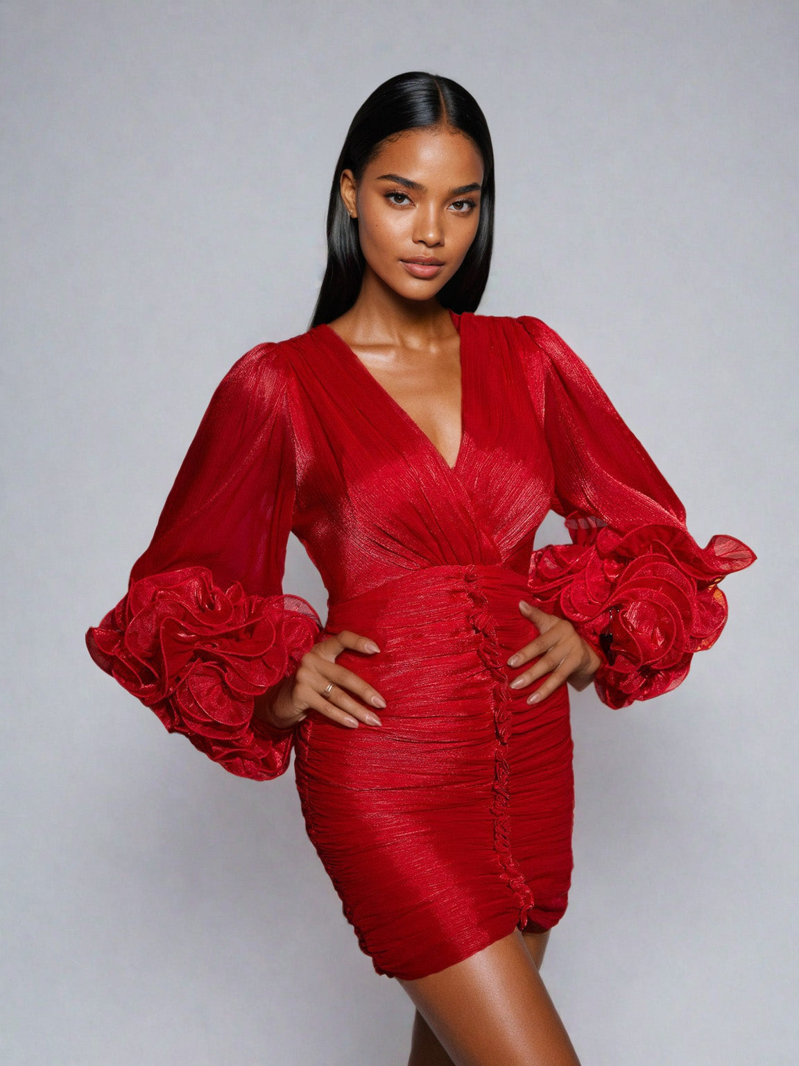 V Neck Ruched Mini Dress In Red