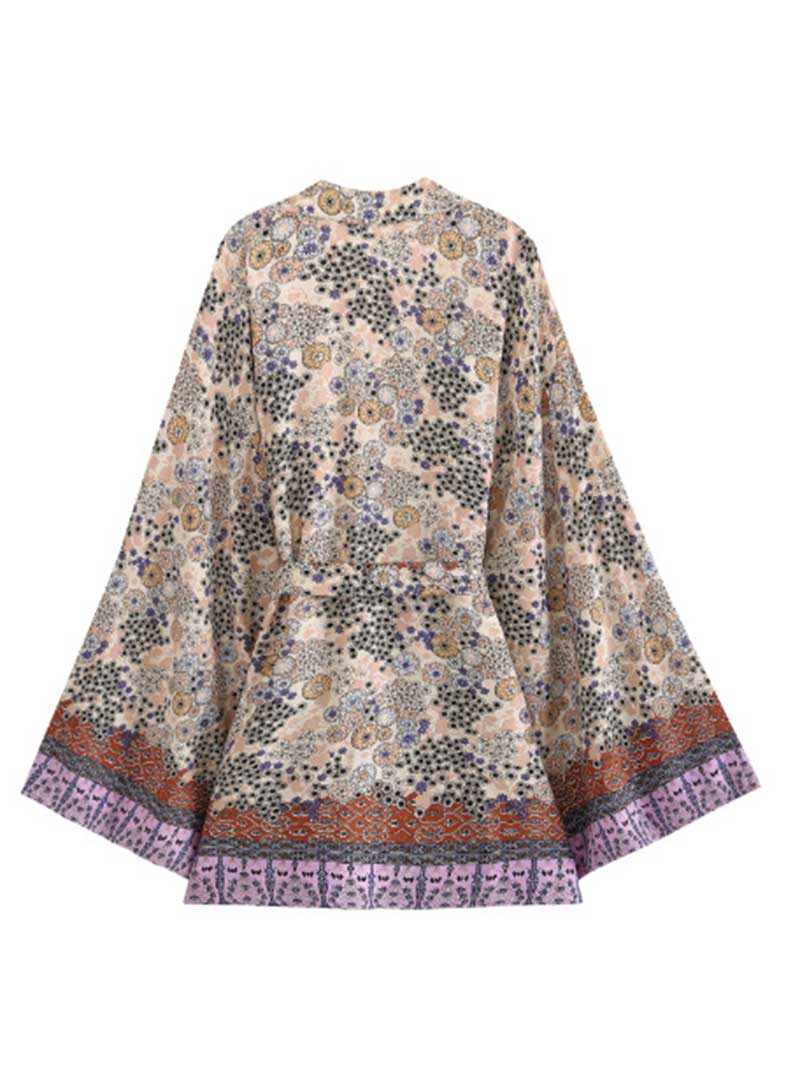 Khaki Floral Print Tie Waist Bell Sleeve Short Kimono