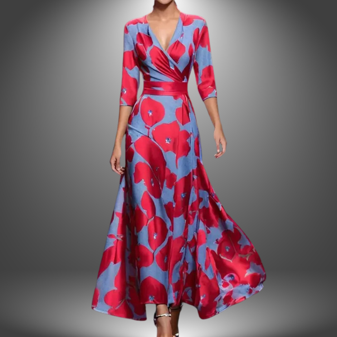 Surplice V-Neck Floral Print Three Quarter Sleeve A-Line Maxi Dress