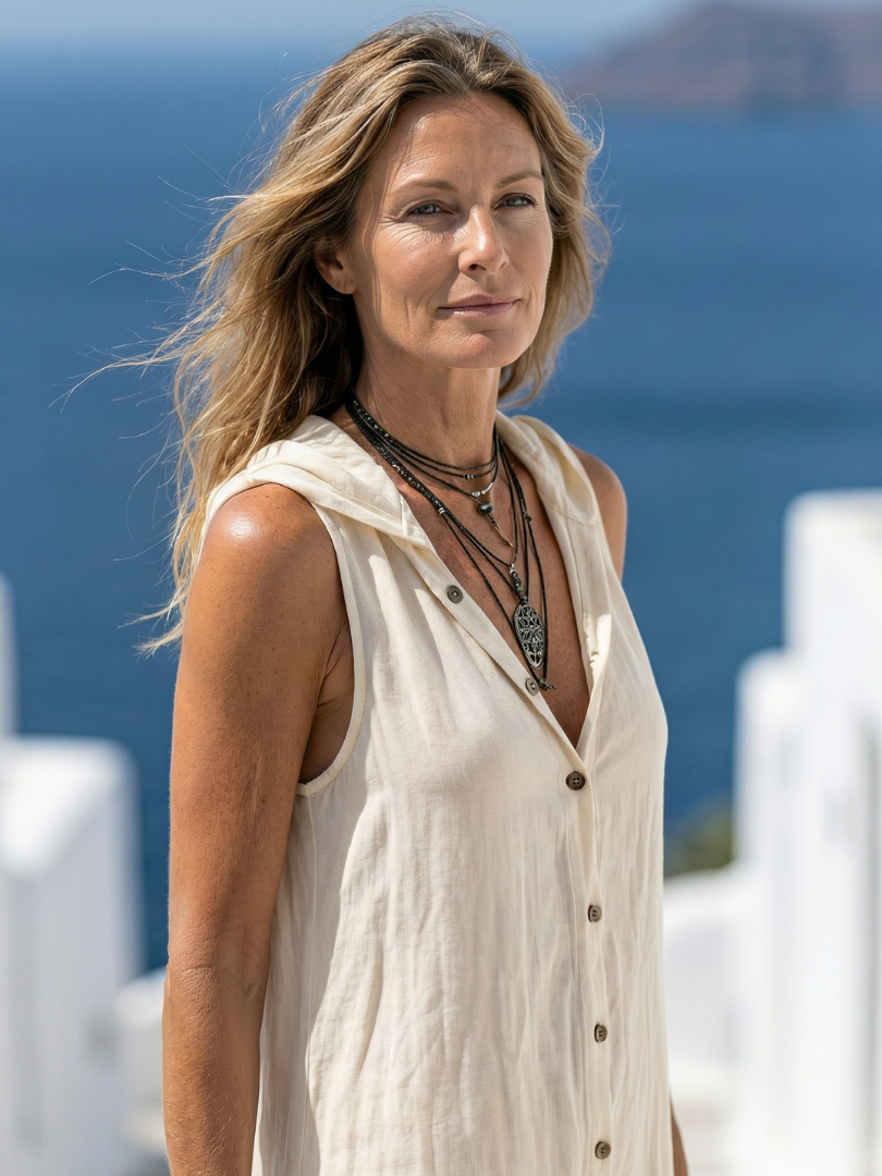 Beige Sleeveless Button Front Hooded Linen Shift Maxi Dress