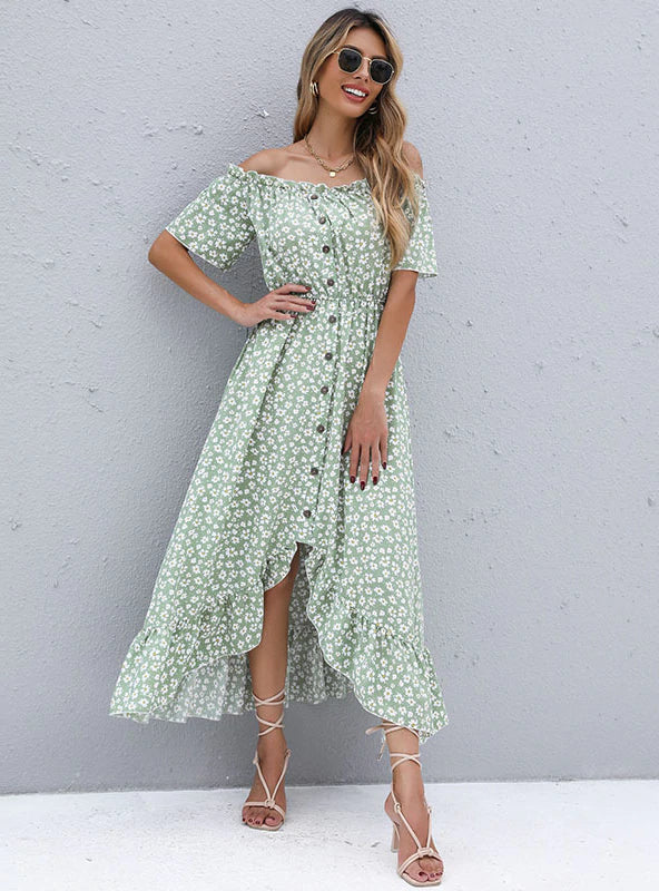 Short-Sleeve Printed Dress With Irregular Pattern S / Green Print Dress
