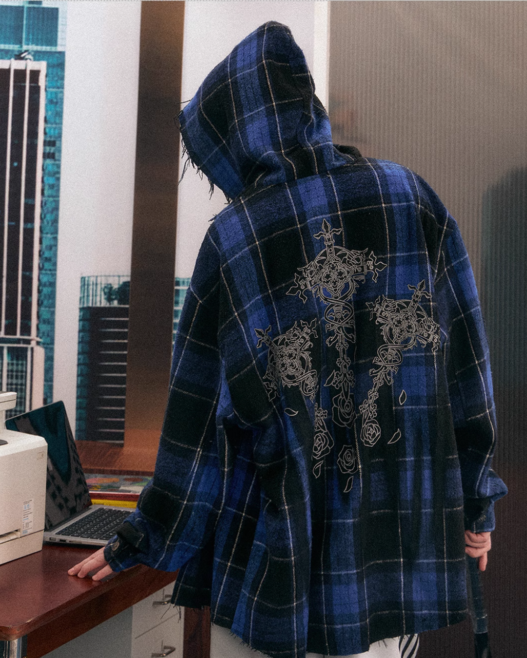 Blue Plaid Oversized Hooded Jacket