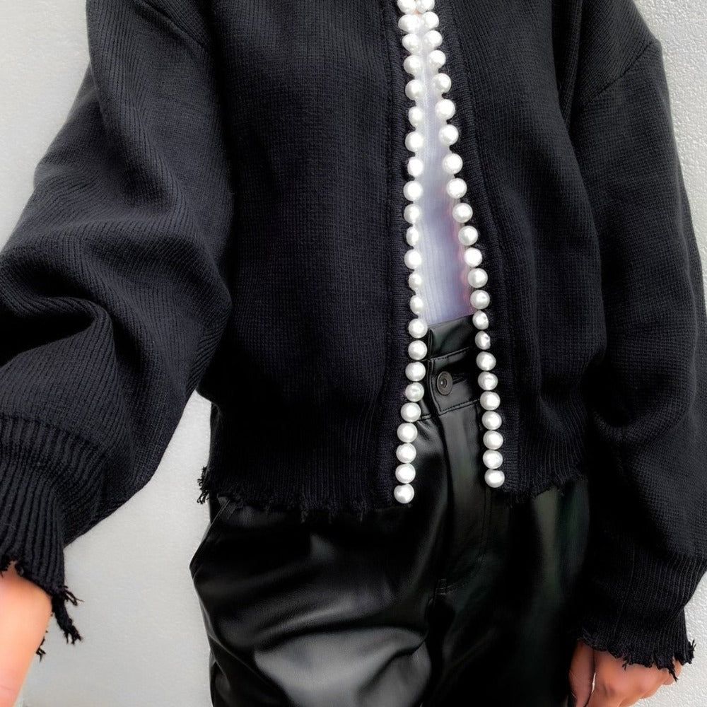 Round Neck Pearl Trim Long Sleeve Knit Cardigan