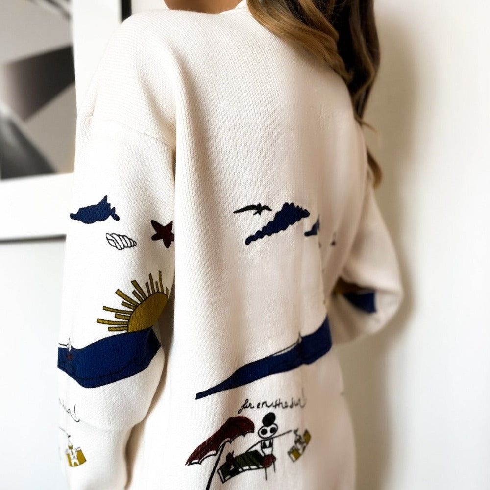 Beige V-Neck Sun Print Button Front Oversized Knit Cardigan