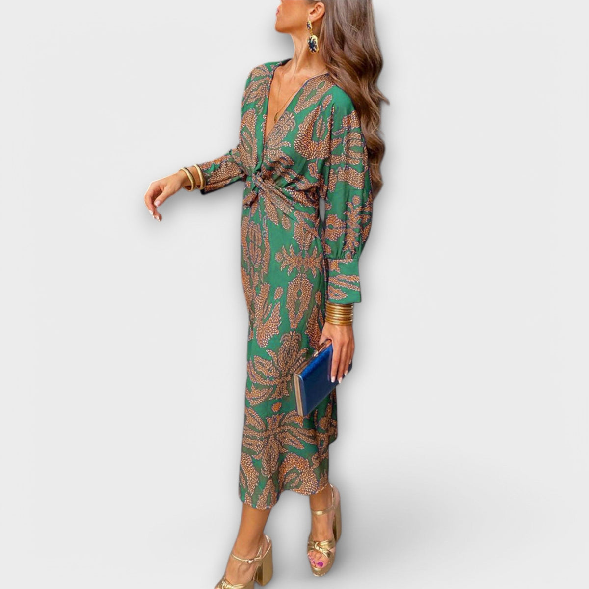Deep V-Neck Floral Print Long Sleeve Twist Front Bodycon Midi Dress
