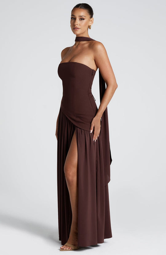 Strapless Neck Scarf Asymmetric High Slit Flowy Maxi Gown 6