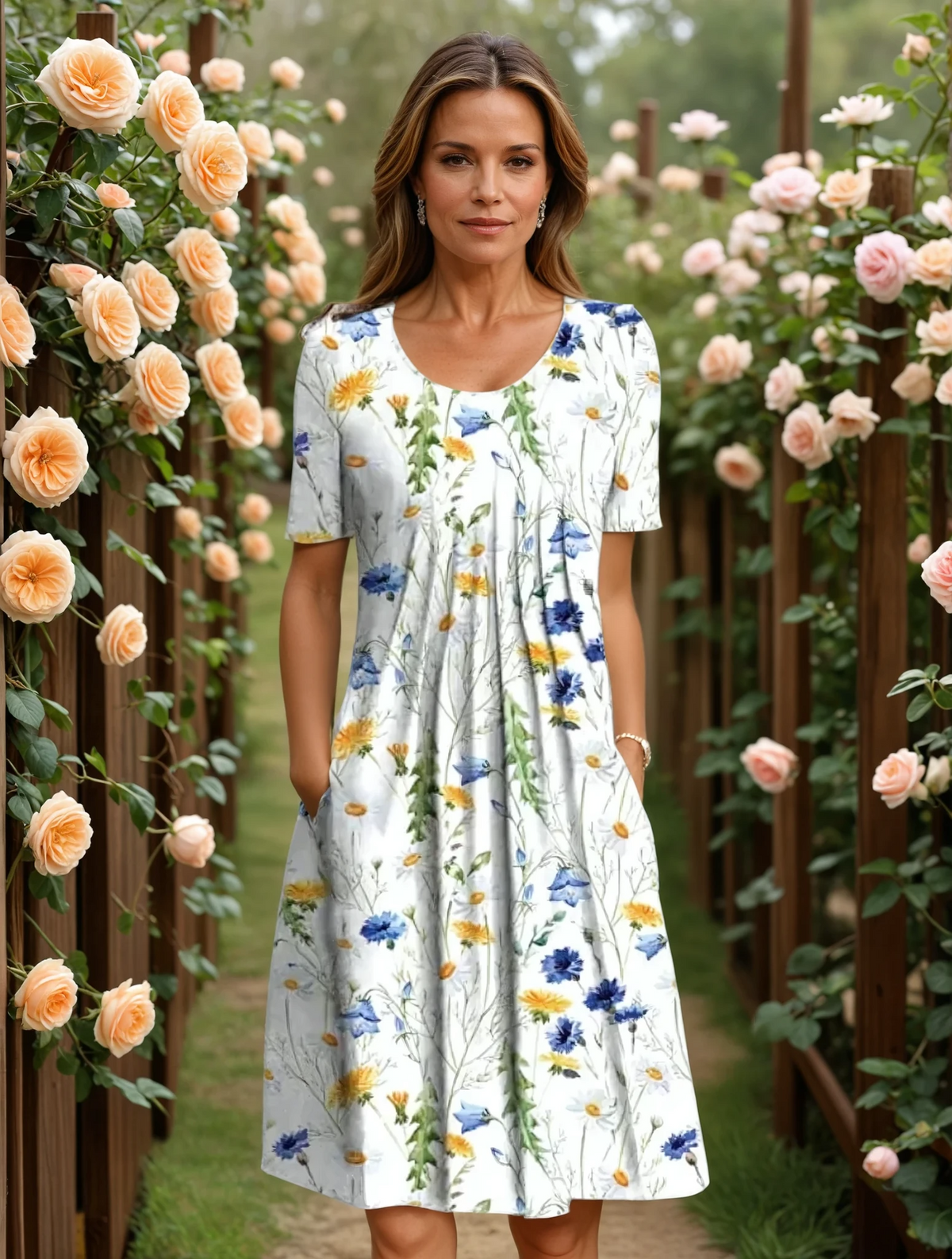Scoop Neck Short Sleeve Wildflower Floral Pleated A-Line Midi Dress 2