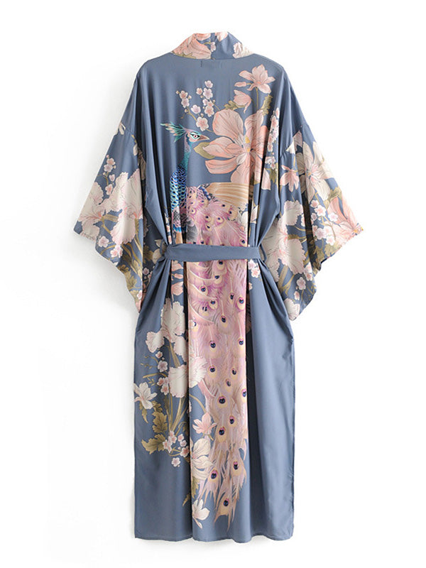 Grey Floral Print Belted Long Length Kimono Robe