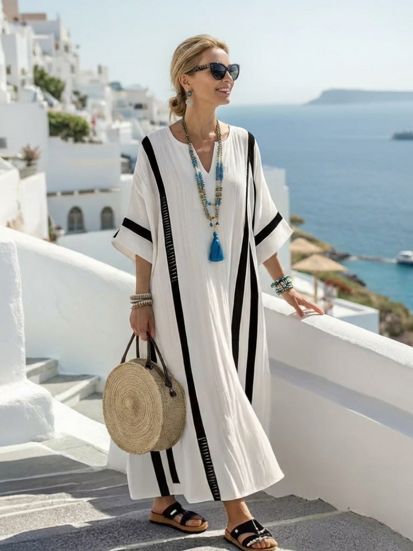White V-Neck Striped Batwing Sleeve Loose Kaftan Maxi Dress