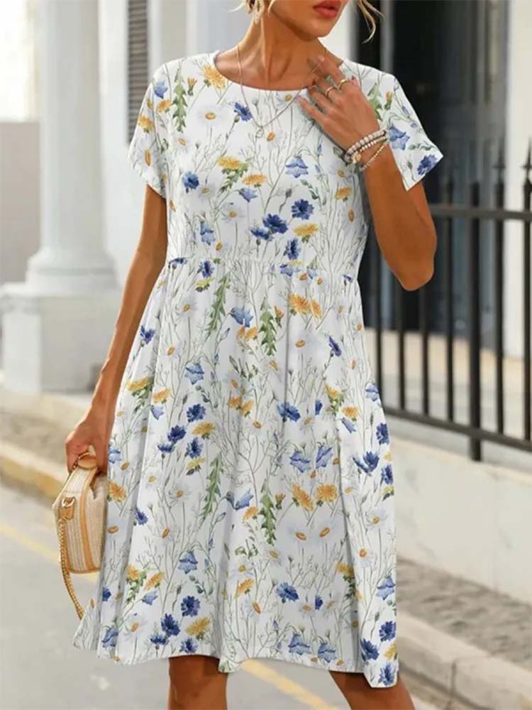 Round Neck Short Sleeves Floral Printed Casual Midi Dress