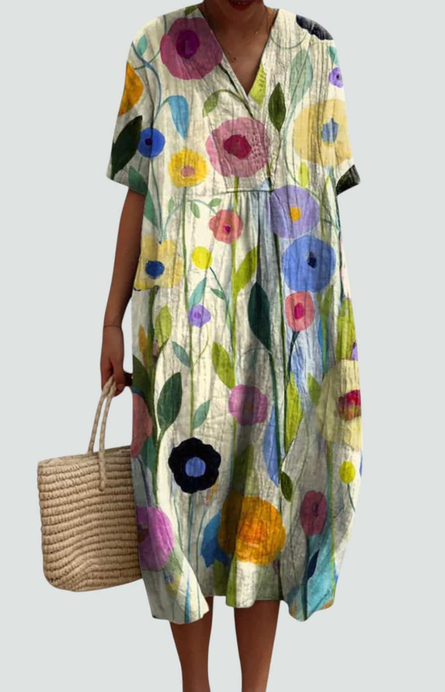 V-Neck Floral Print Short Sleeve Relaxed Cocoon Midi Dress