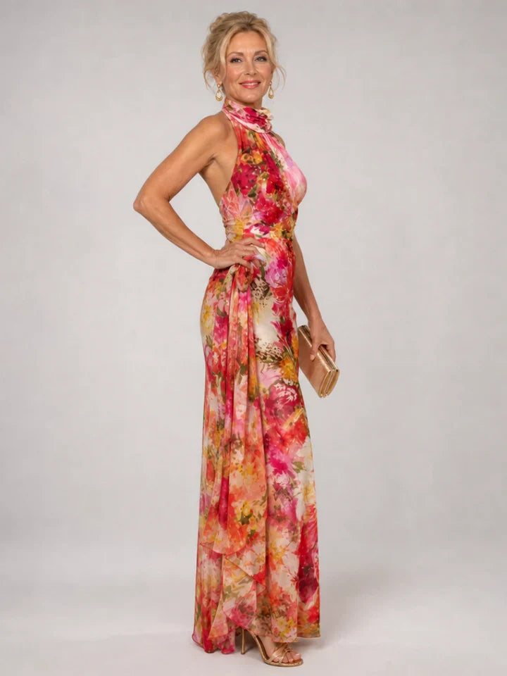Floral Halter Neck Floral Print Draped Chiffon Maxi Gown 2