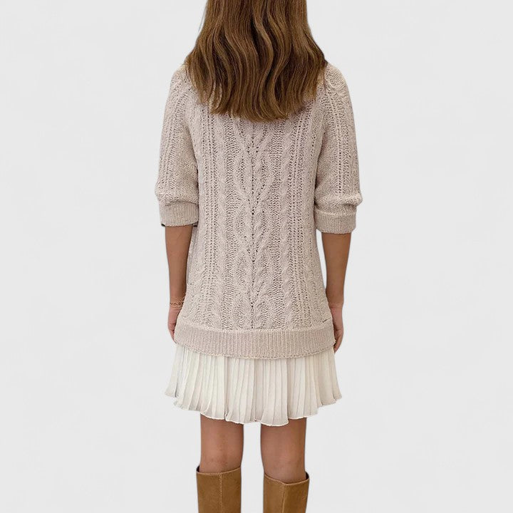 Crew Neck Cable Knit Pleated Hem Long Sleeve Sweater Dress