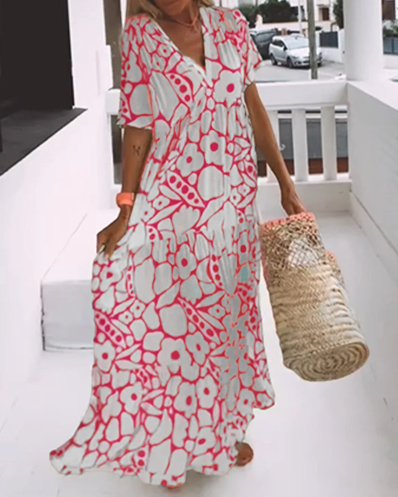 Yoselin Boutique Loose Fitting V Neck Dress with Print Chic Silhouette Collection