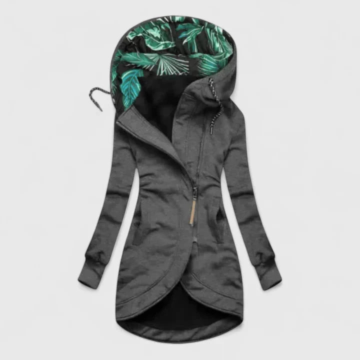 Zip Front Tropical Leaf Lined Hood Asymmetric Hem Hoodie