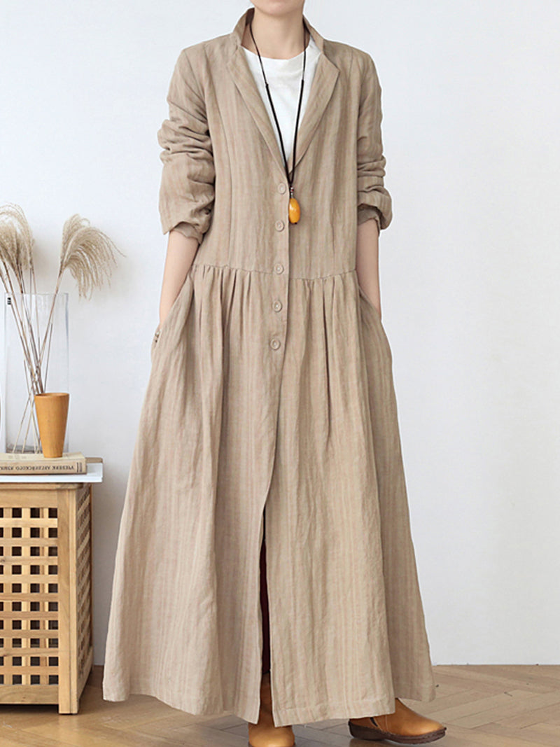 Lapel Collar Button Front Pleated Linen Duster Coat 5