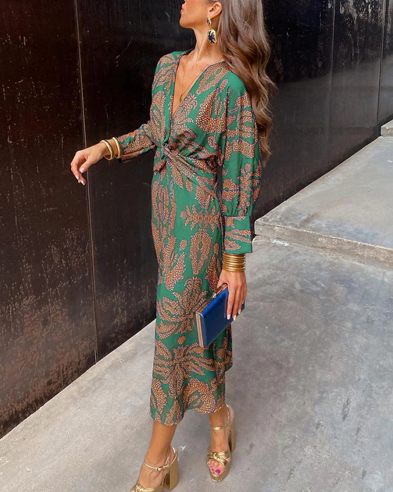 Deep V-Neck Floral Print Twist Front Long Sleeve Bodycon Midi Dress 7