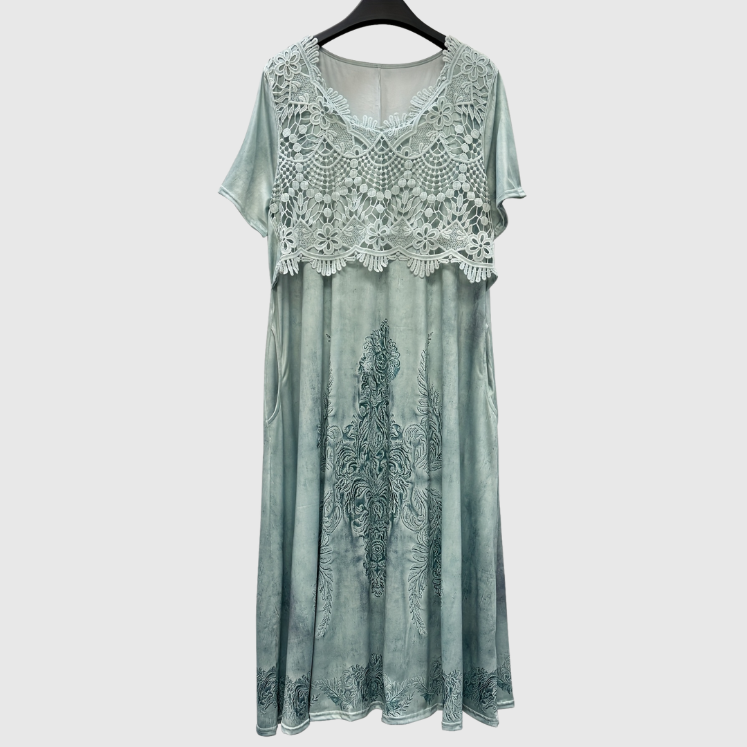 Crochet Lace Bodice Short Sleeve Floral Print Pocket Midi Dress