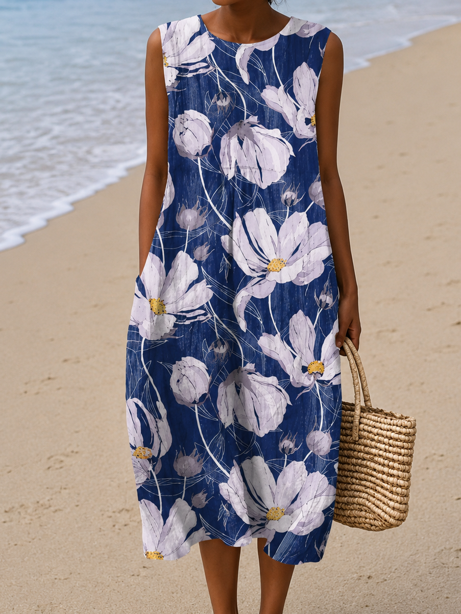 Round Neck Sleeveless Bold Floral Print Shift Midi Dress