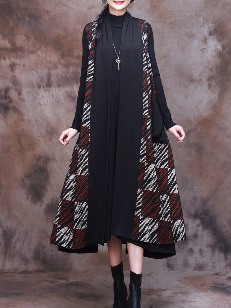 Open Front Sleeveless Plaid Patchwork Longline Vest