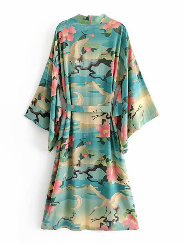 Green Floral Landscape Print Belted Open-Front Midi Kimono 2
