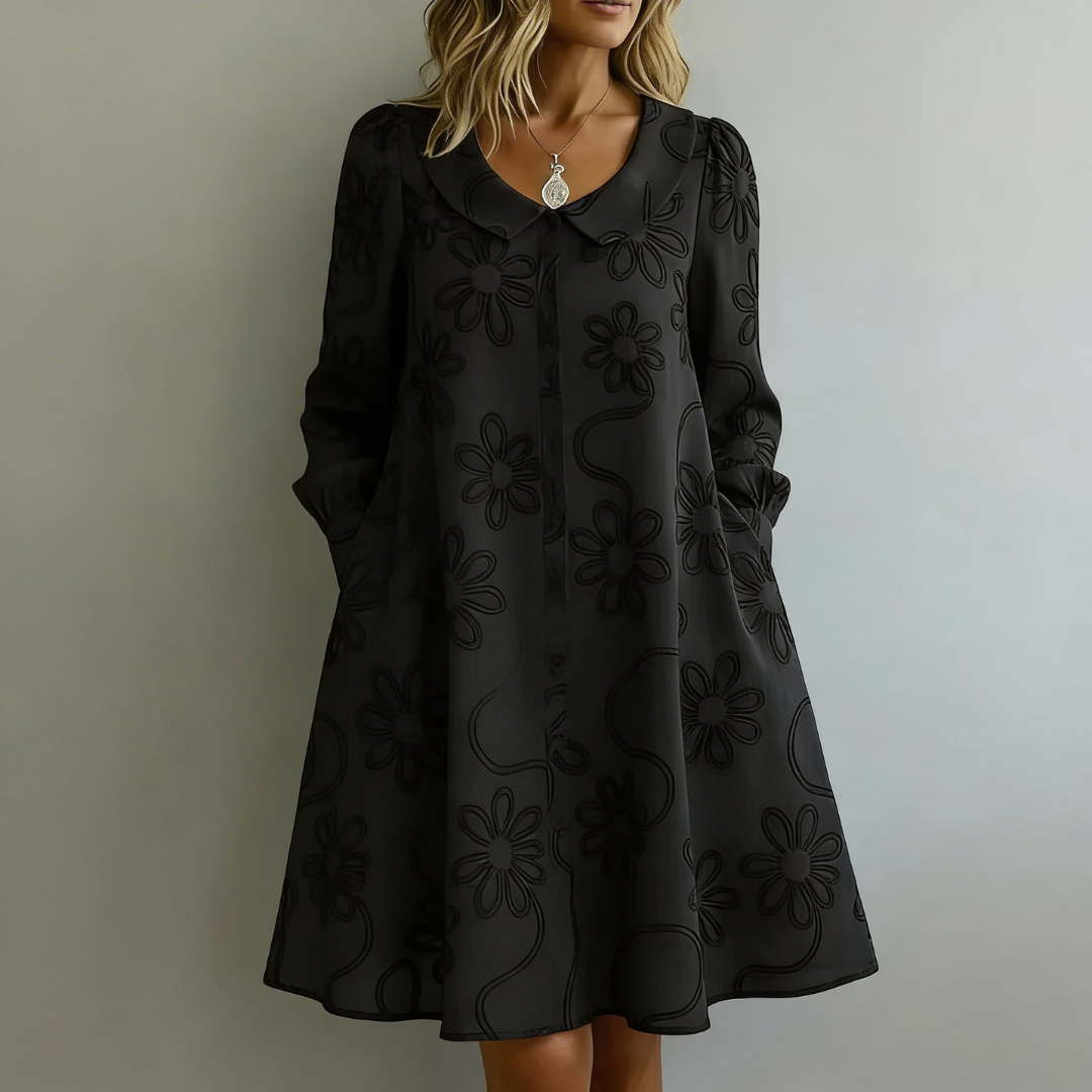 Peter Pan Collar Floral Jacquard Long Sleeve Shift Mini Dress