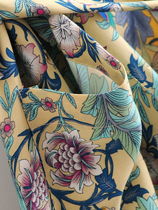 Green Floral Peacock Print Belted Boho Long Kimono Robe 5
