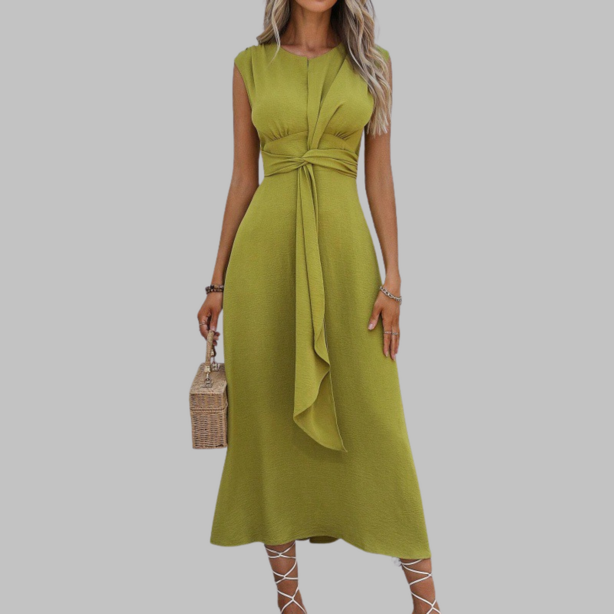 Round Neck Cap Sleeve Twist Front Tie Waist A-Line Midi Dress