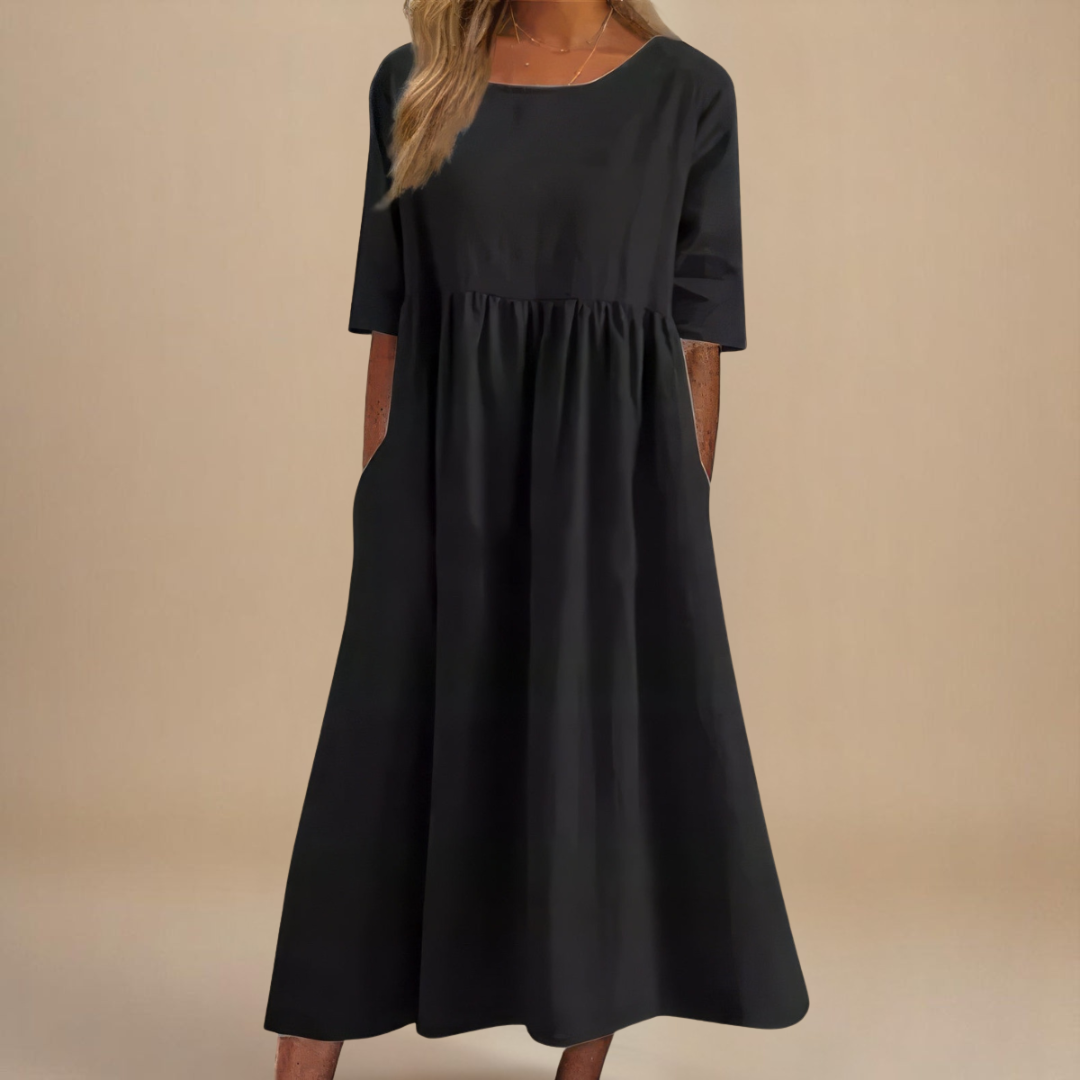Round Neck Short Sleeve Linen Empire Waist Pocket A-Line Midi Dress