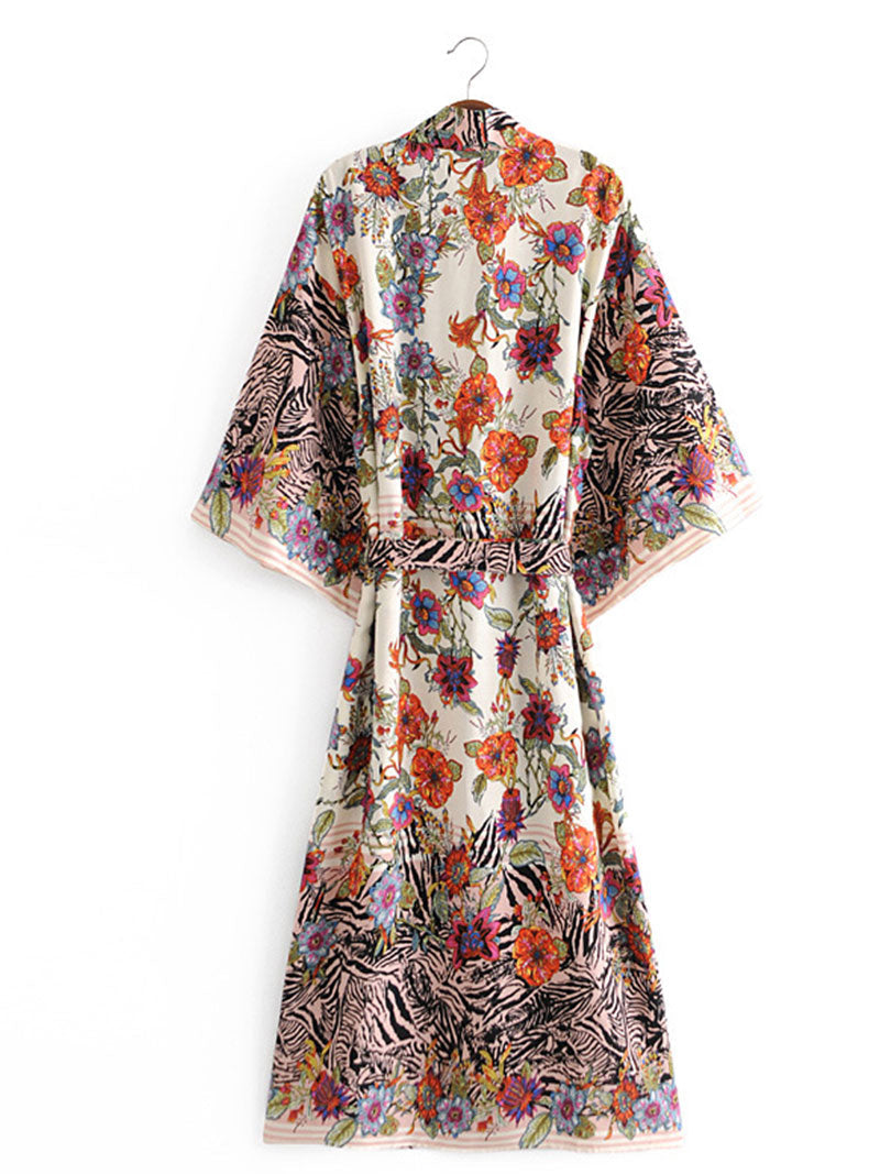 Black Floral Zebra Print Bohemian Belted Long Kimono Robe