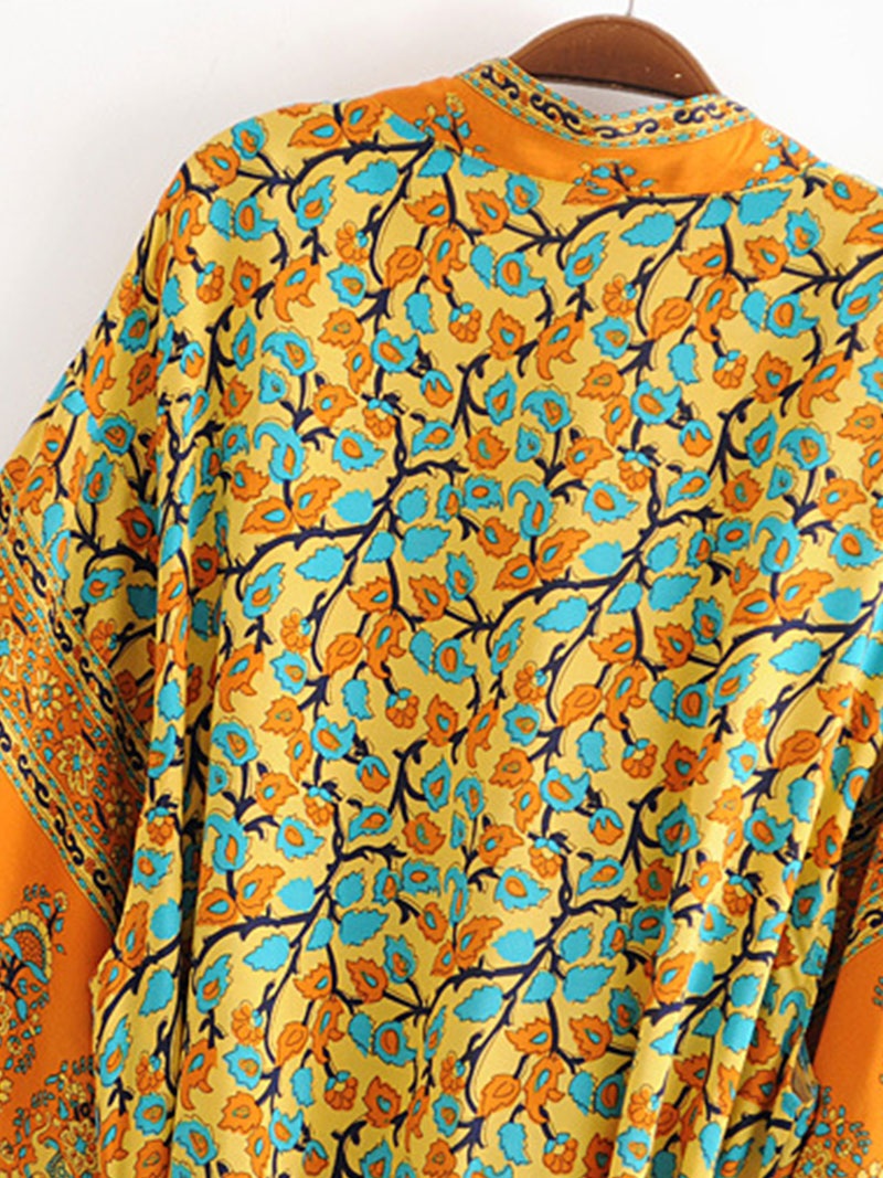 Orange Bohemian Floral Border Print Open Front Long Kimono Robe 7