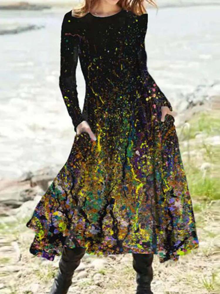 Paint Splatter Long Sleeve Uneven Hem Midi Dress
