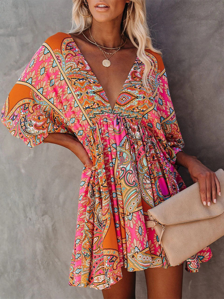 V-Neck Tribal Print Ruched Swing Dress