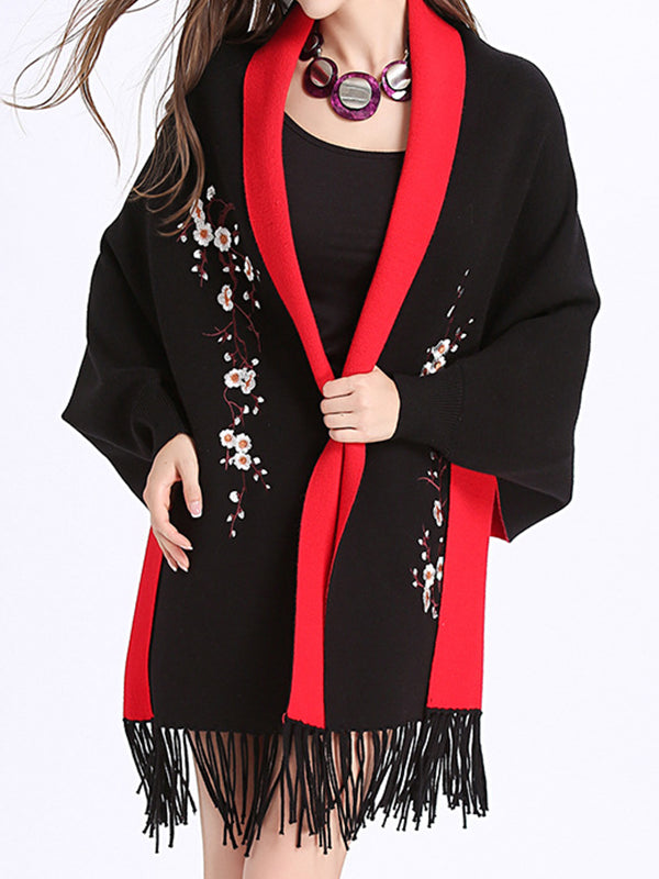Floral Embroidered Contrast Border Fringe Shawl Cardigan