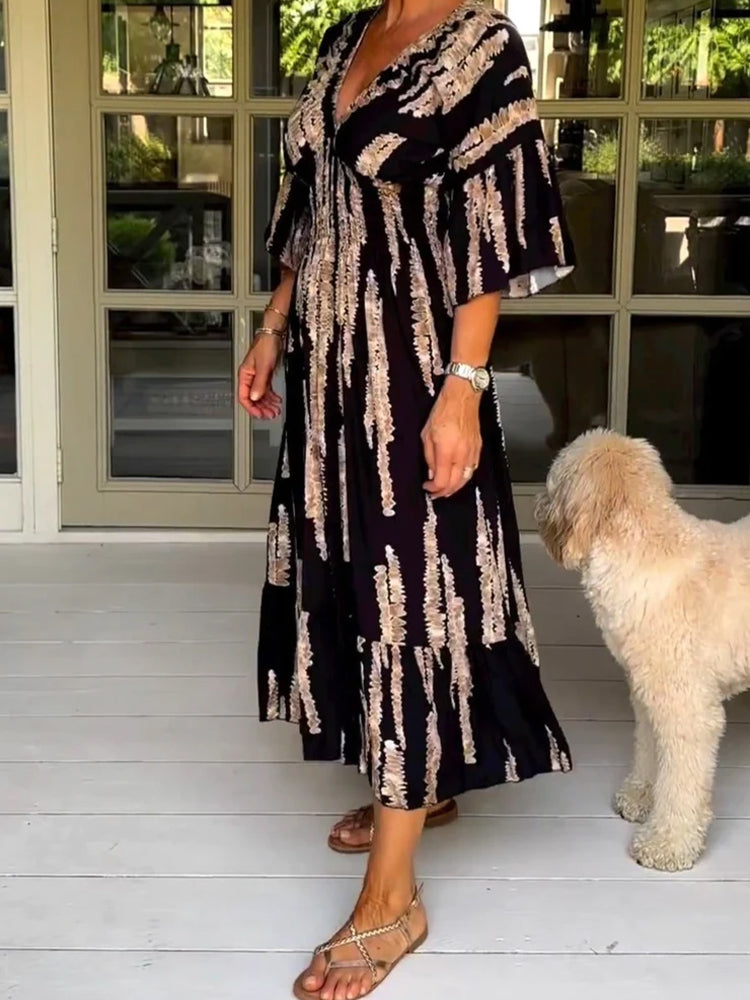Retro 3/4 Sleeve Print Midi Dress