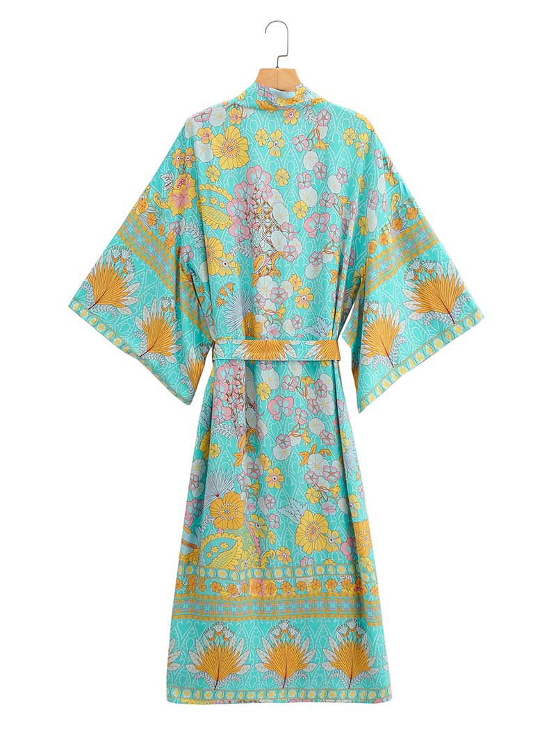 Green Tropical Floral Bohemian Print Tie Waist Long Kimono Robe 2