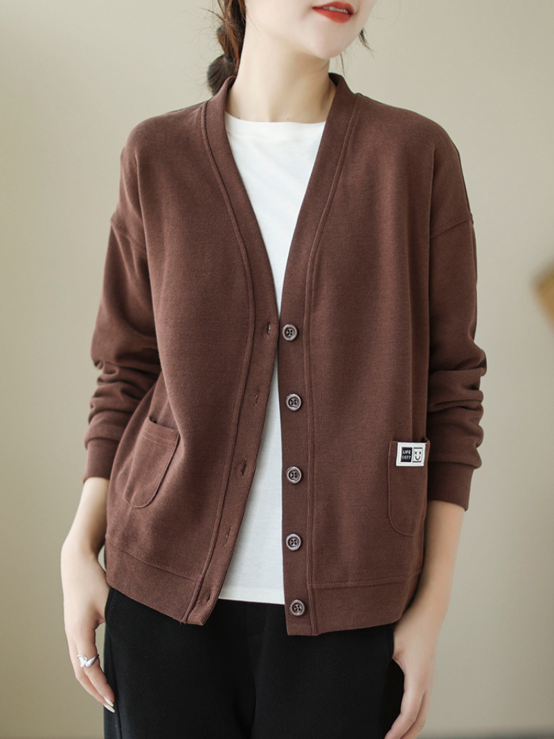 V-Neck Button Front Pocket Long Sleeve Loose Cardigan 2