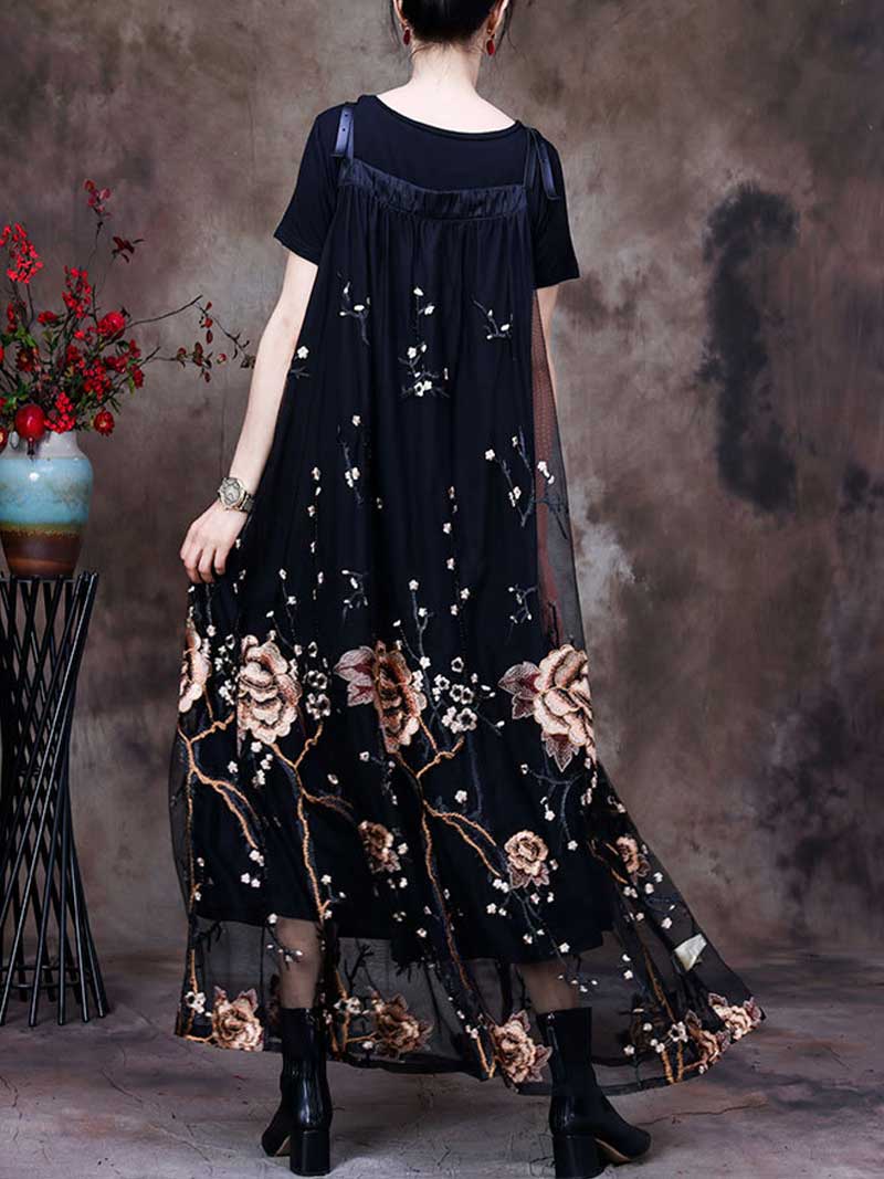 Adjustable Strap Rose Embroidered Mesh A-Line Pinafore Maxi Dress