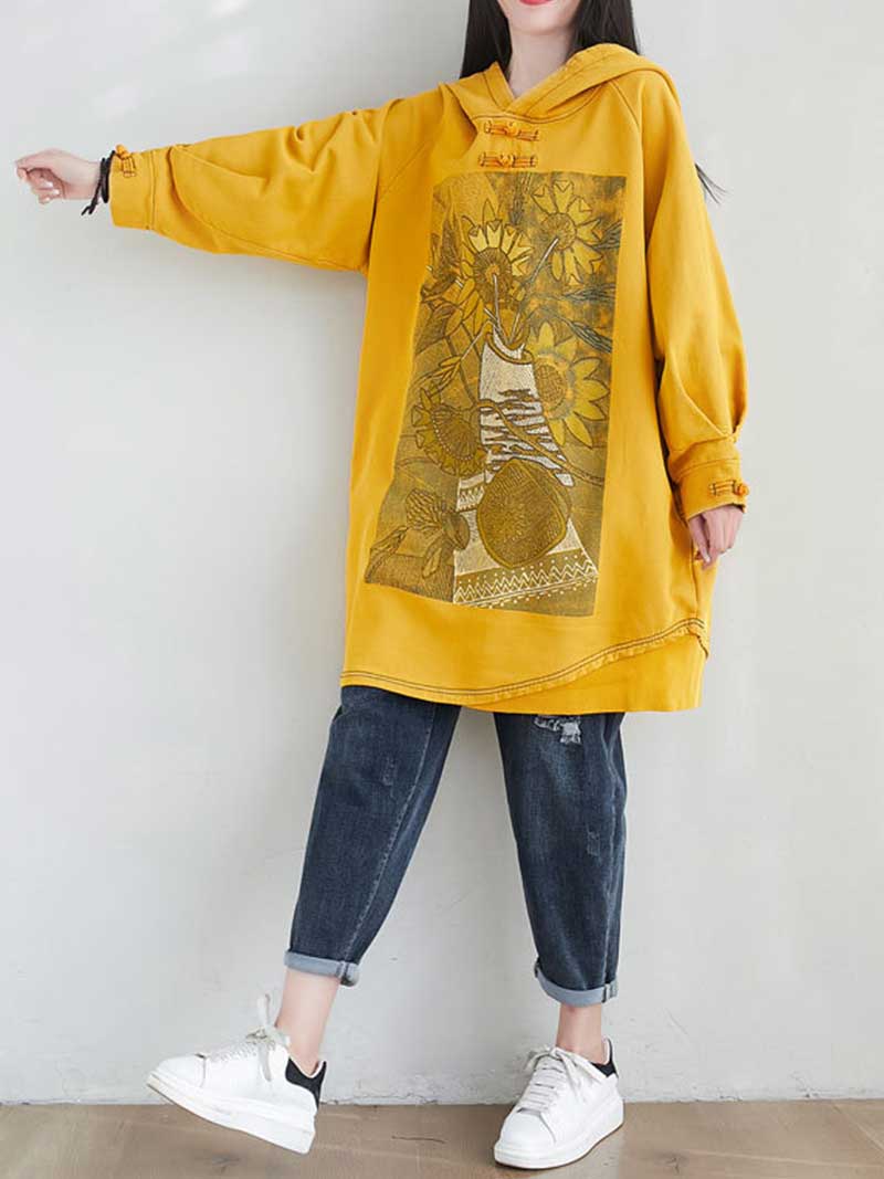 Hooded Floral Graphic Print Longline Sweatshirt Hoodie