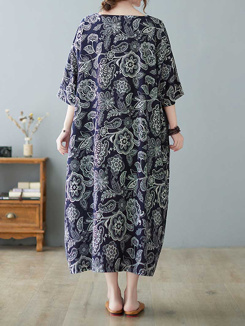 Navy Blue Round Neck Paisley Floral Print Short Sleeve Loose Maxi Dress 2