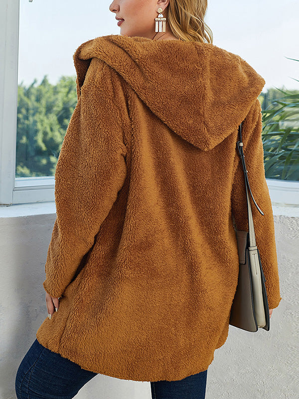 Coffee Hooded Open Front Pocket Fleece Teddy Jacket