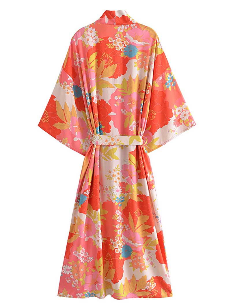 Multicolor Tropical Floral Print Belted Long Length Kimono Robe