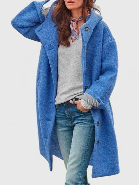 Hooded Button Front Long Sleeve Longline Wool Coat