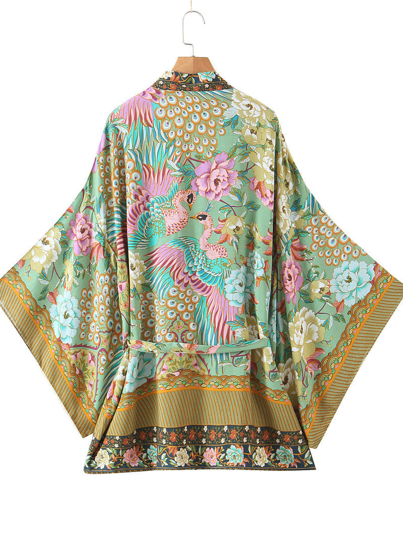 Green Peacock Floral Print Wide Sleeve Belted Short Kimono 2