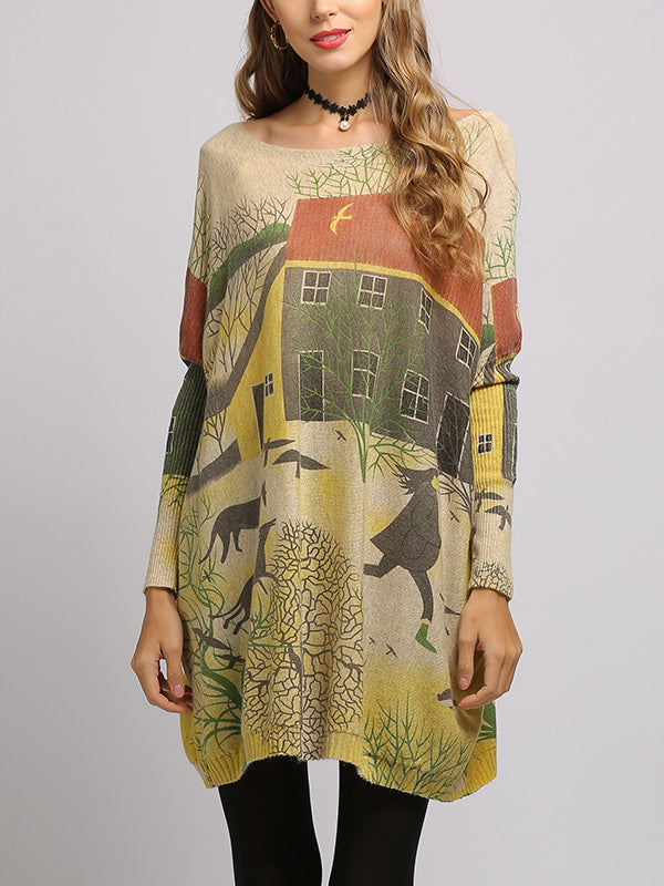Boat Neck Scenic Print Long Sleeve Loose Knit Sweater 3